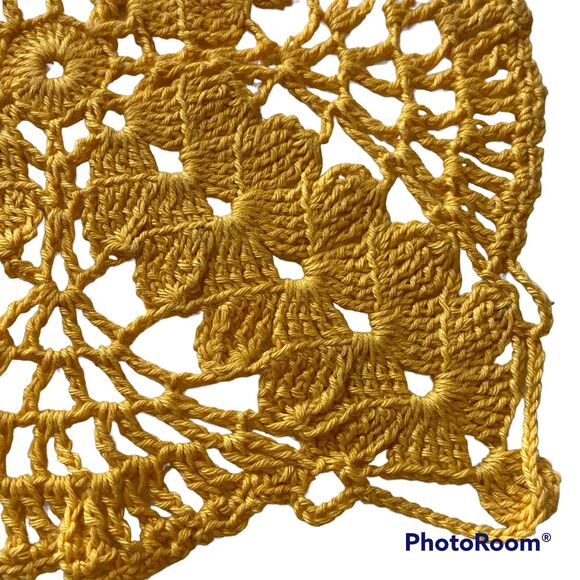 Hand Stitched Crochet Doily Gold Colored Centerpiece Squared Scalloped 7.5 in - Picture 5 of 7